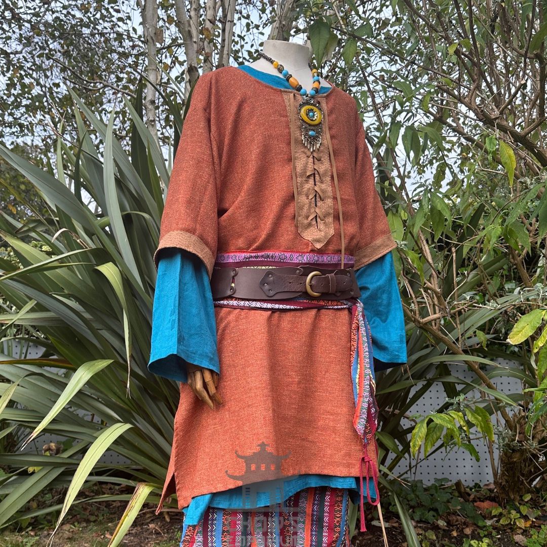 woven orange and brown tunic in medieval style for Ren faire.