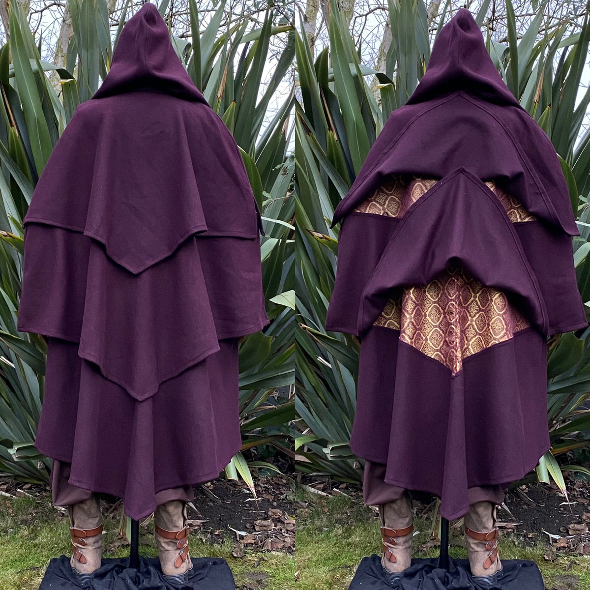 Back view of red and gold layered LARP cloak, full-length medieval fantasy cosplay costume for.