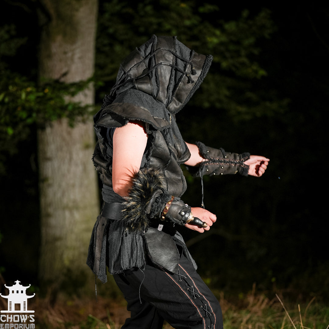 LARP Demon Hunter set with black hood, waistcoat, vambraces, and sash.