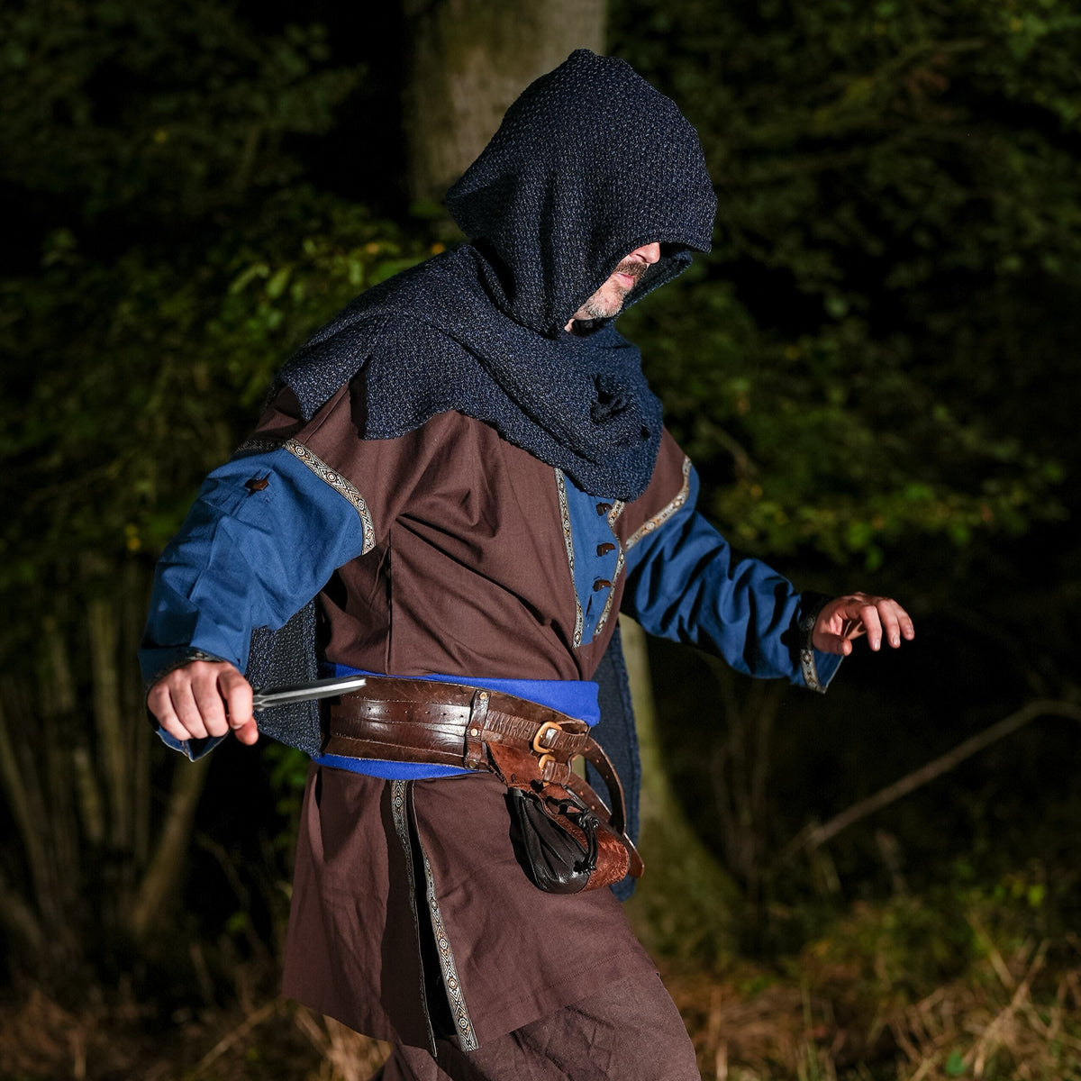 two-tone brown blue Viking shirt for medieval cosplay and Ren fair.