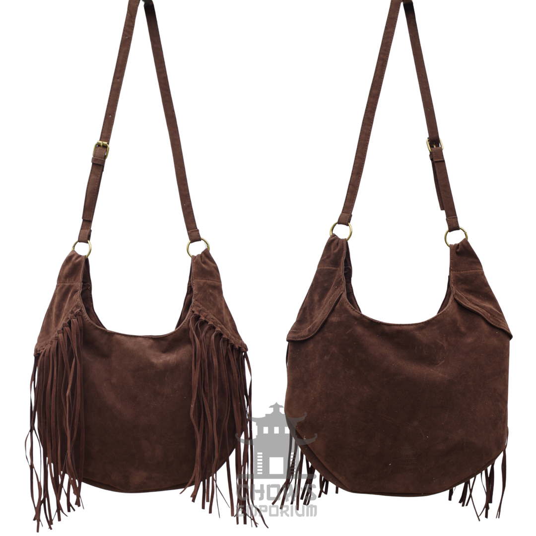 Brown Suede Fringe Shoulder Bag - Large