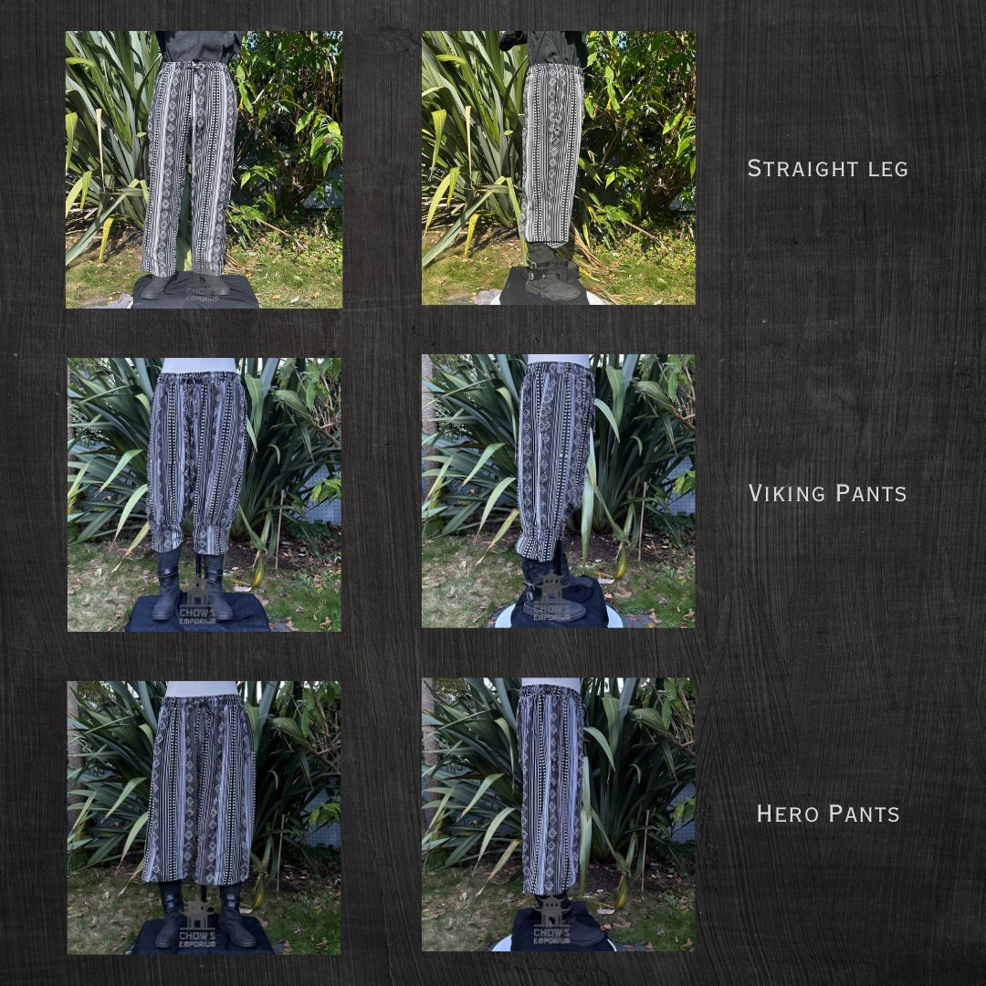 Medieval LARP black and white pants in stripes with a straight cut.