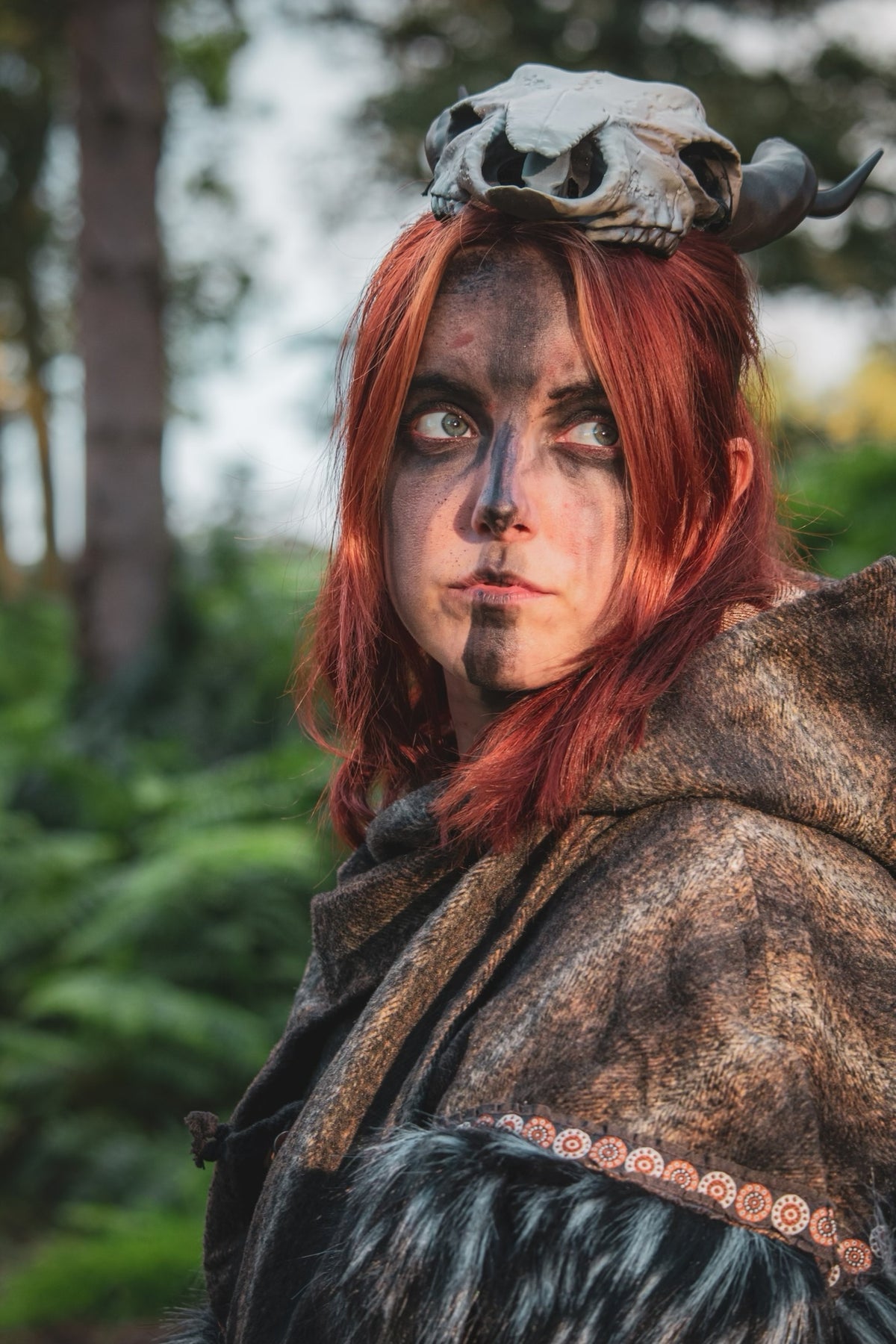 Brown and black mohair hood with faux fur trim for LARP, side view.