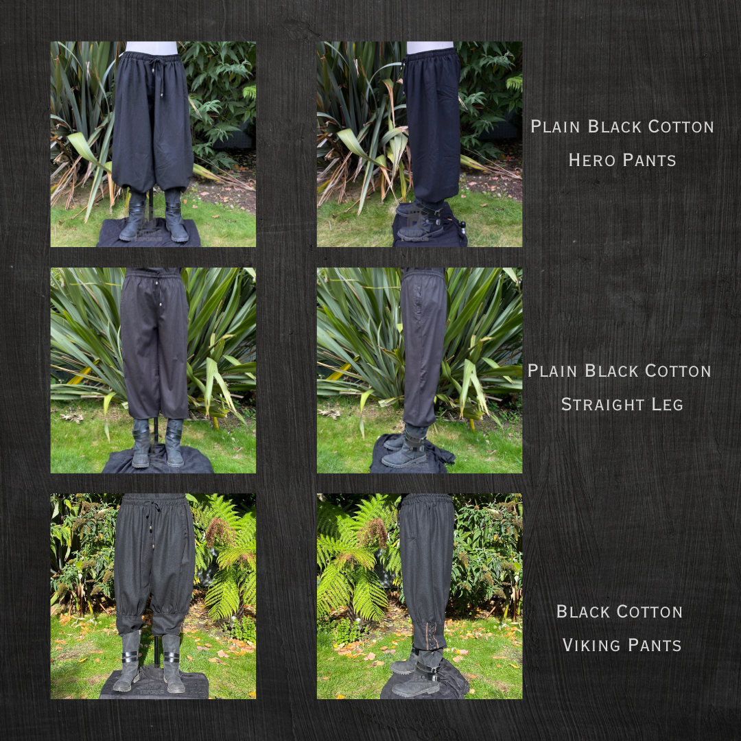 LARP medieval black pants on stand, side view against greenery.