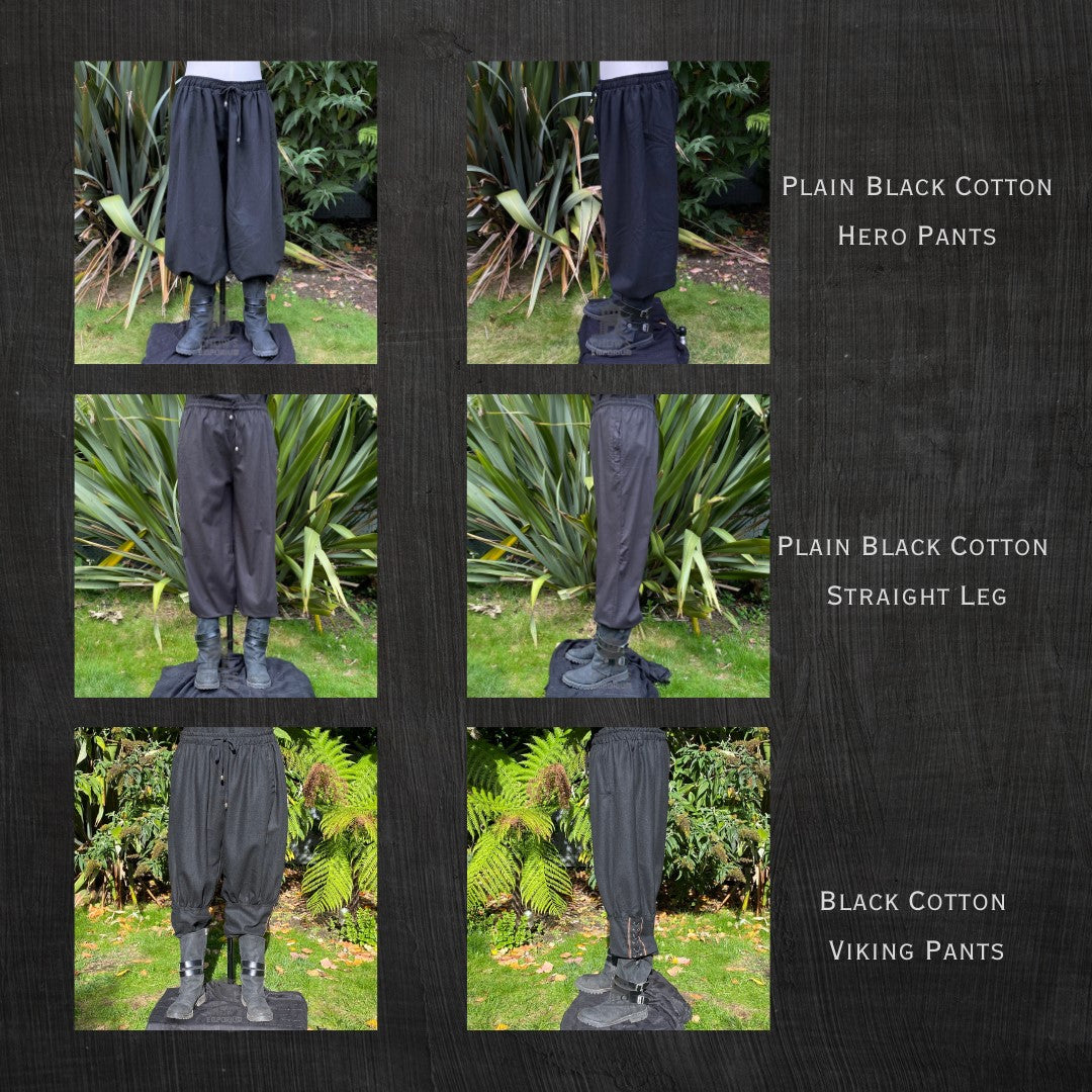 Black medieval pants in cotton, shown front and side.
