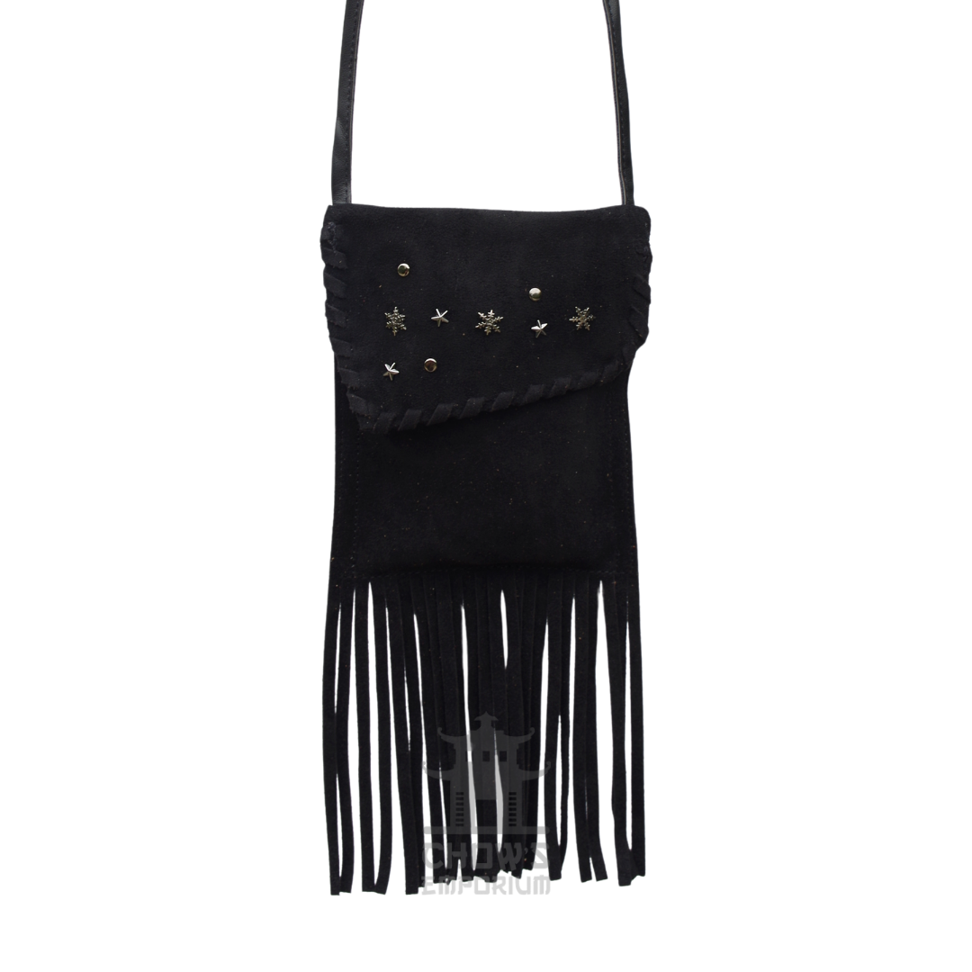 Black suede fringe crossbody bag, small, with star and stud flap