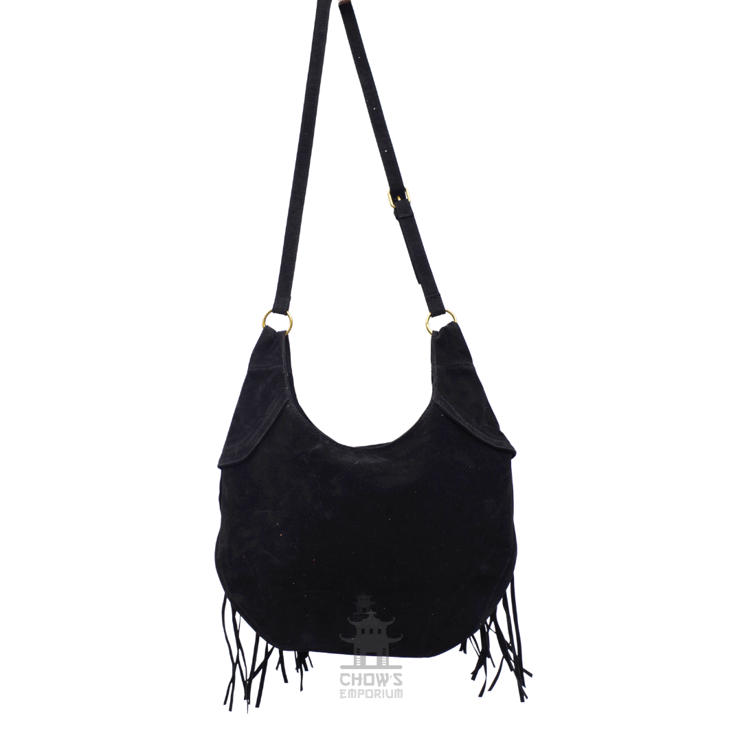 Black suede fringe shoulder bag back view, hobo style with long adjustable strap