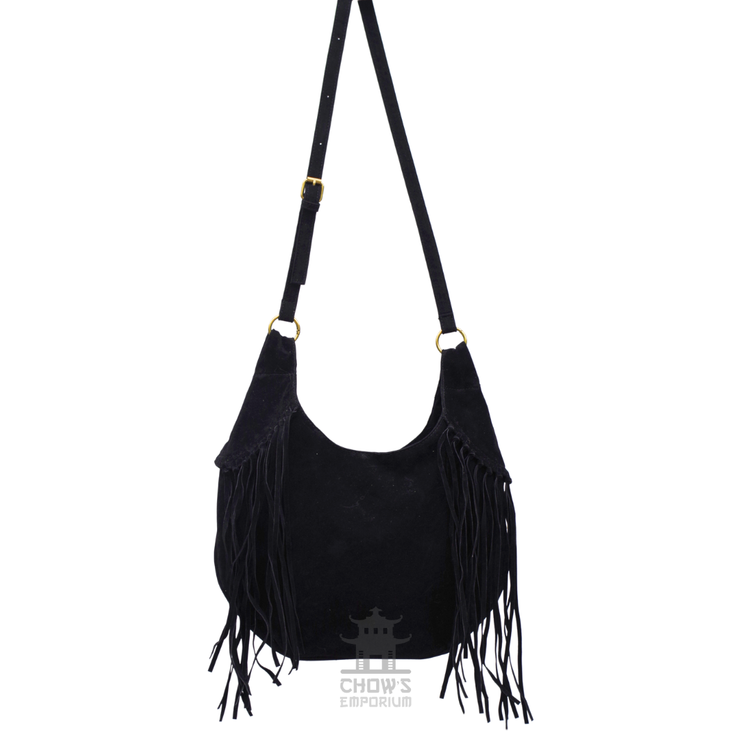 Black suede fringe shoulder bag, hobo style with long adjustable strap