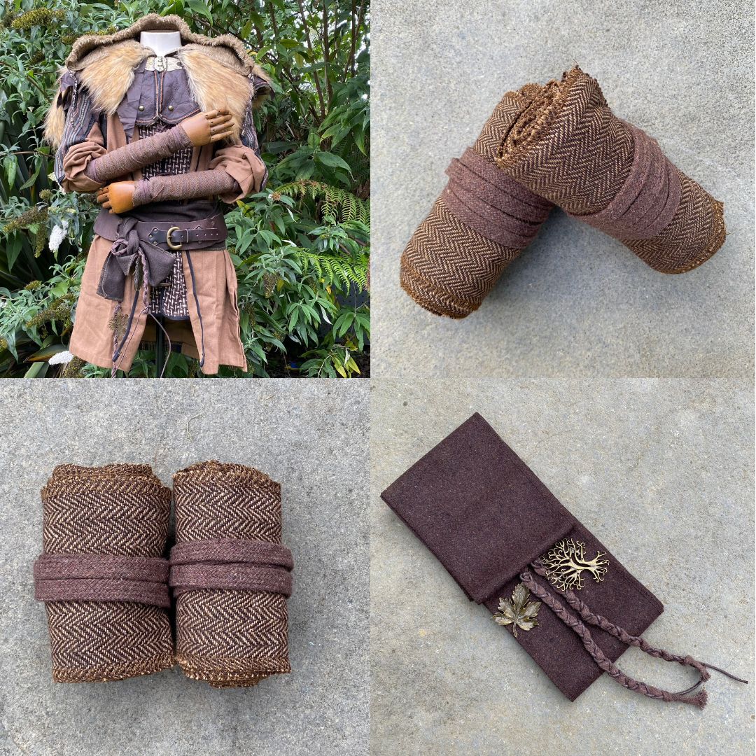 Set of Medieval LARPing Arm Wraps, Leg Wraps, and Decorative LARP sash. They are coloured Brown.