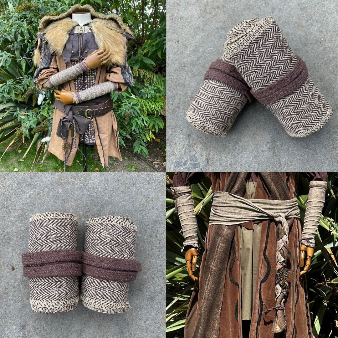 Set of Medieval LARPing Arm Wraps, Leg Wraps, and Decorative LARP sash. They are coloured Light.
