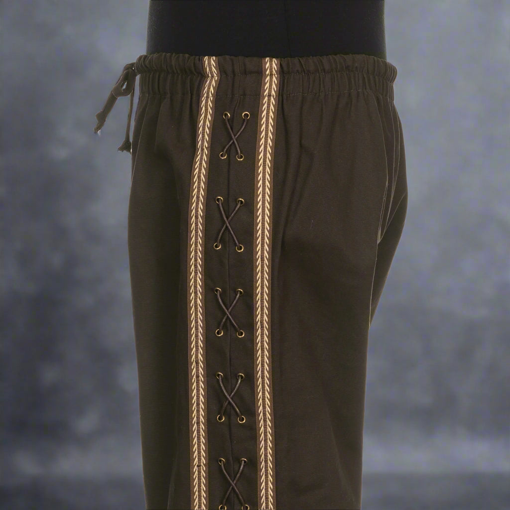 Side view of brown LARP medieval pants with intricate lace detail.