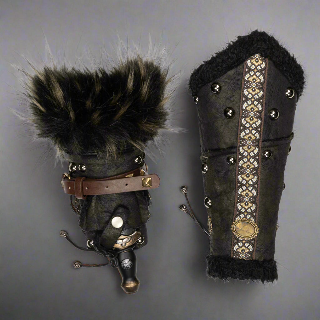 Brown and black fur-trimmed LARP vambraces with metal studs, detailed embroidery.