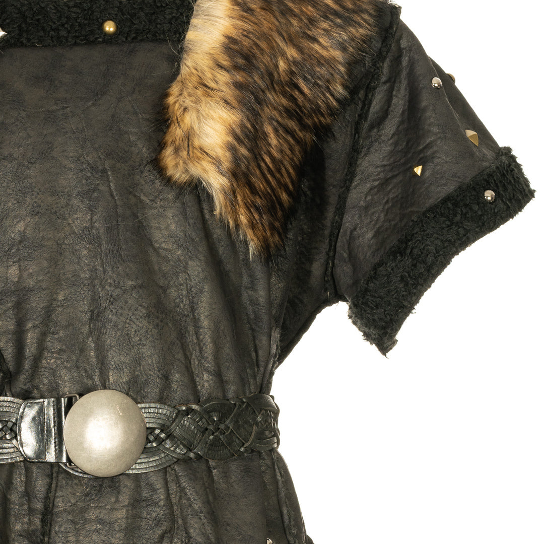 Barbarian LARP black faux leather tunic, fur trim, waist belt, side view.