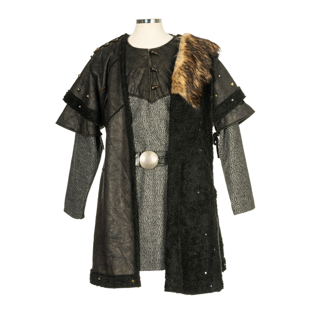 LARP medieval faux leather armour with tunic, ornate hood, and vambraces.