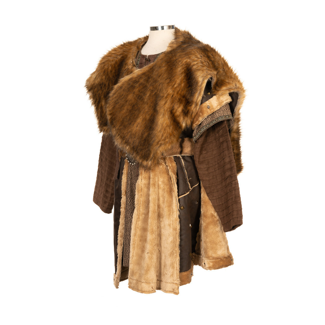 Brown faux fur mantle on mannequin for medieval LARP, side view.