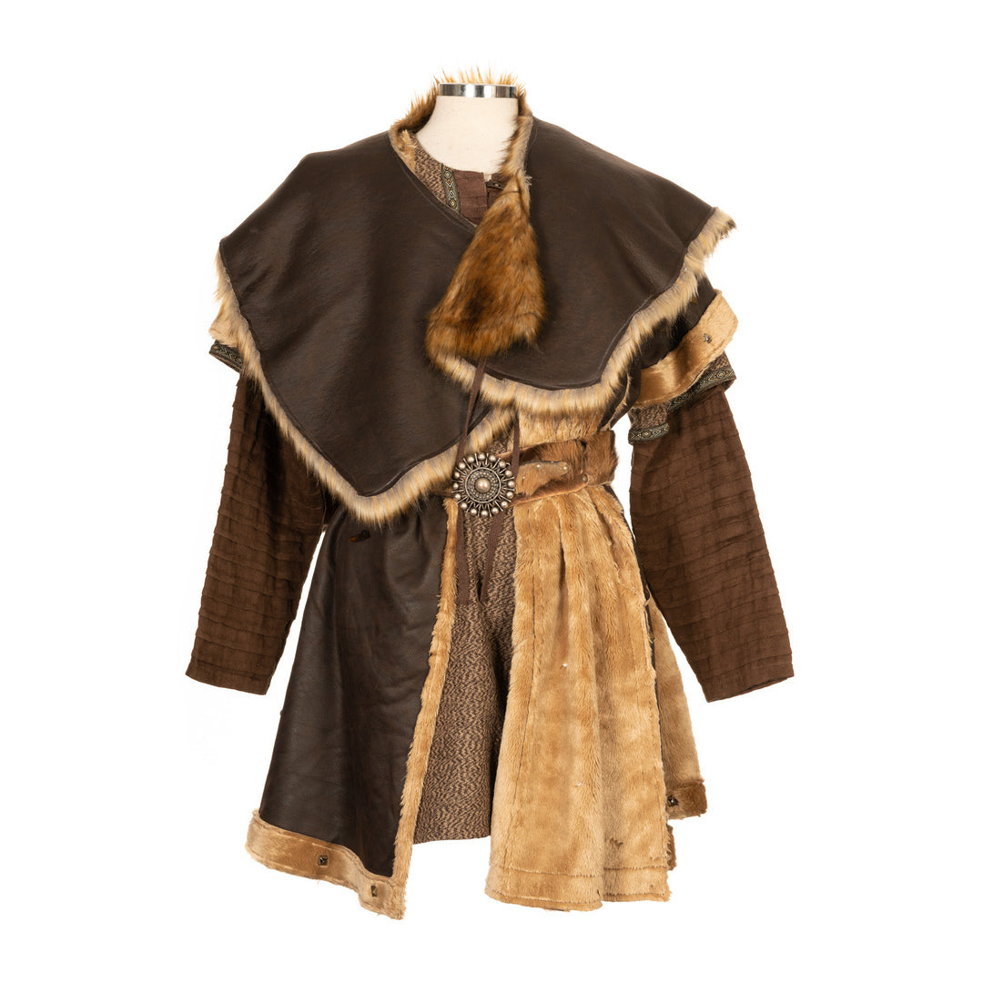 Brown faux fur Viking mantle with leather trim for LARP.