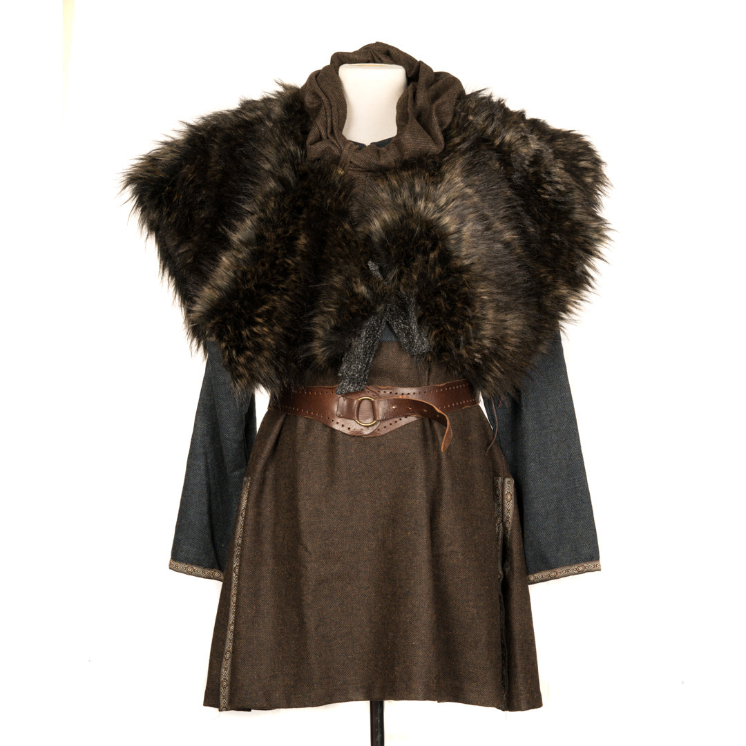 LARP medieval fur mantle on mannequin, front view with leather belt detail.