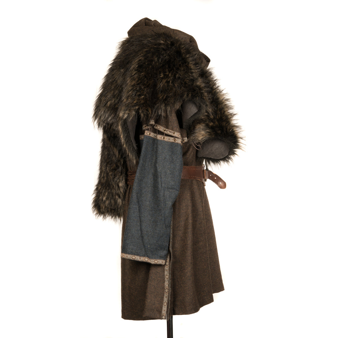 Side view of black brown fur LARP cape with medieval tunic details.