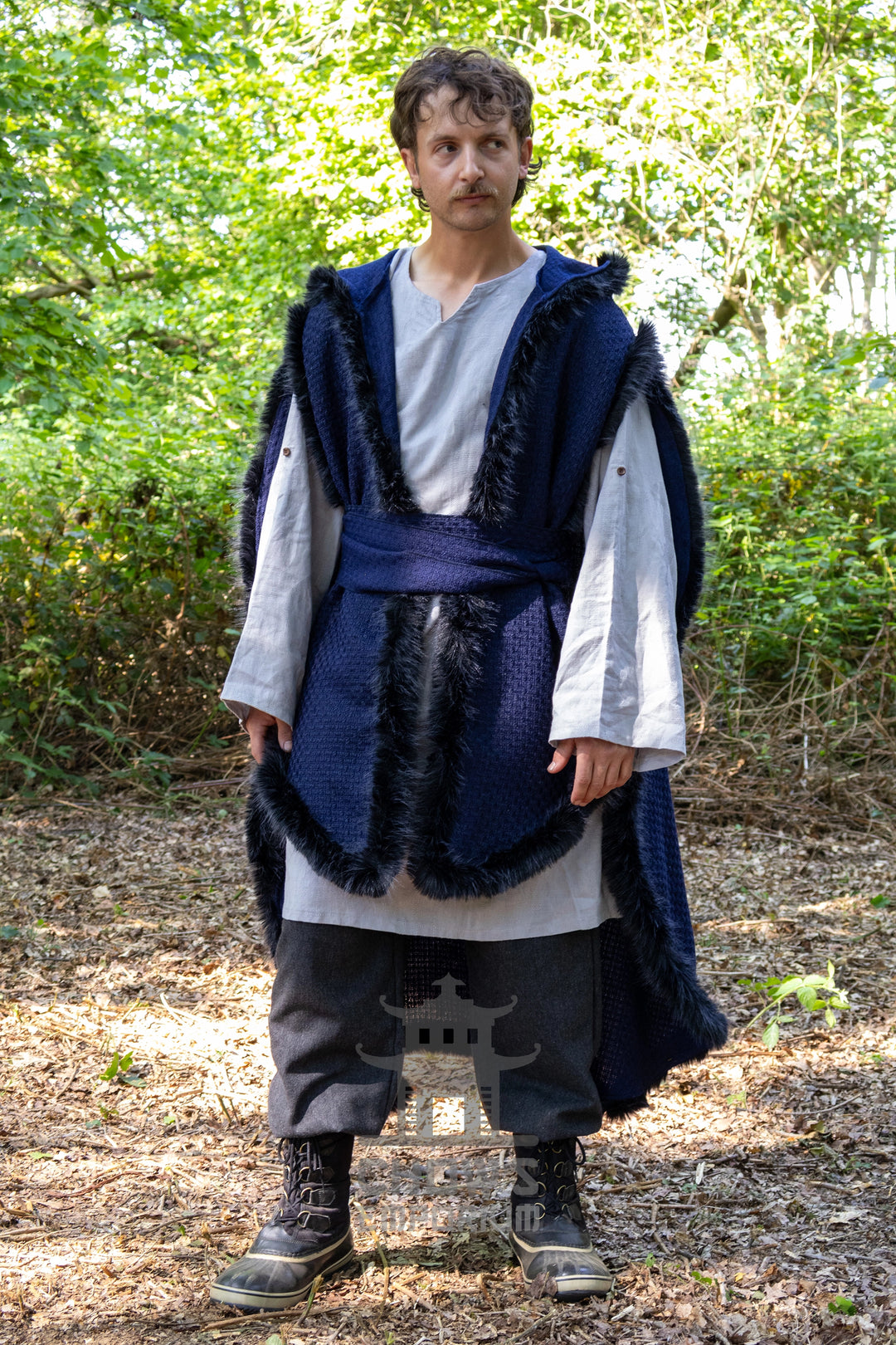 Blue and Black Viking Fur-Trim Cape with Sash