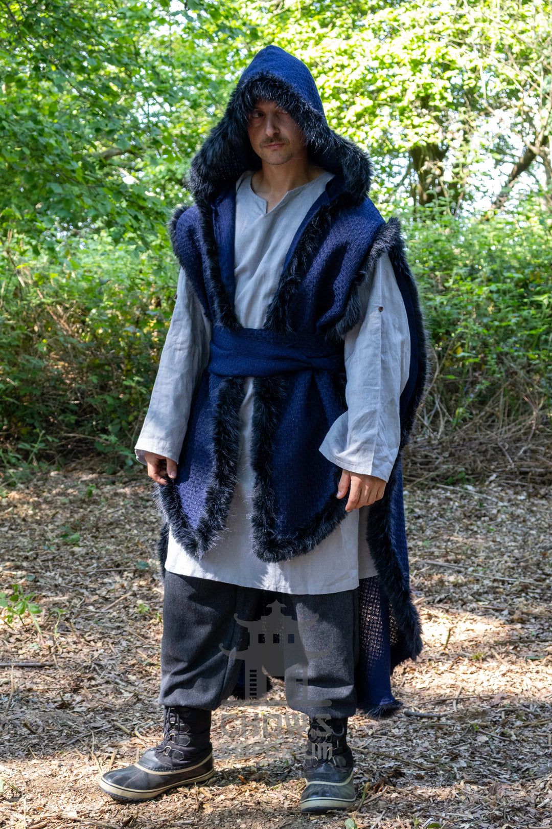 Blue and Black Viking Fur-Trim Cape with Sash