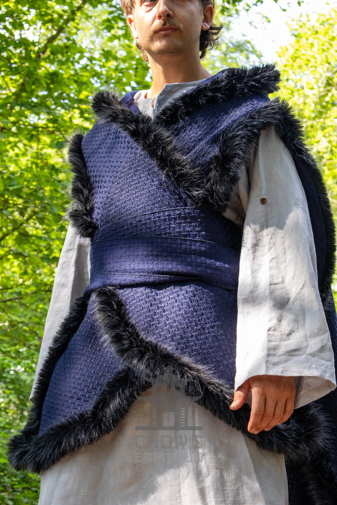 Blue and Black Viking Fur-Trim Cape with Sash