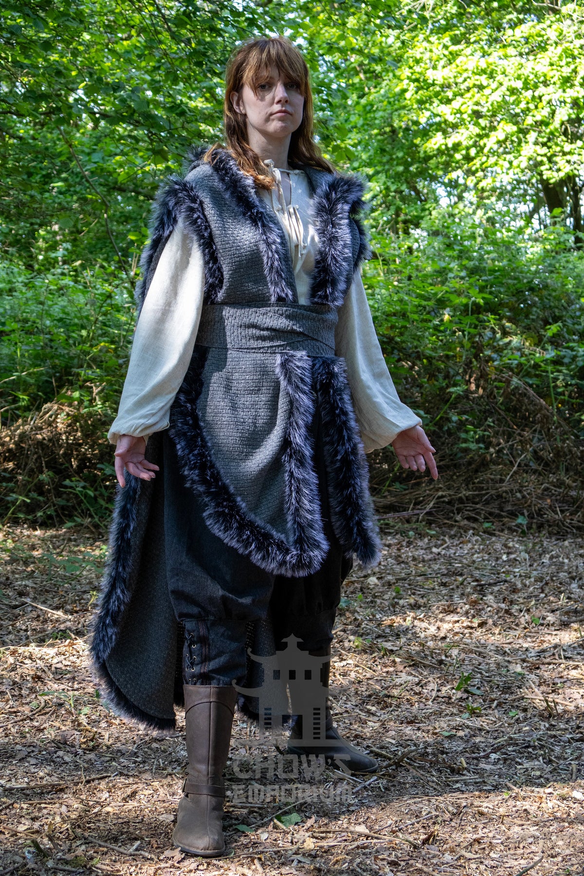 Grey Viking Fur-Trim Cape with Sash
