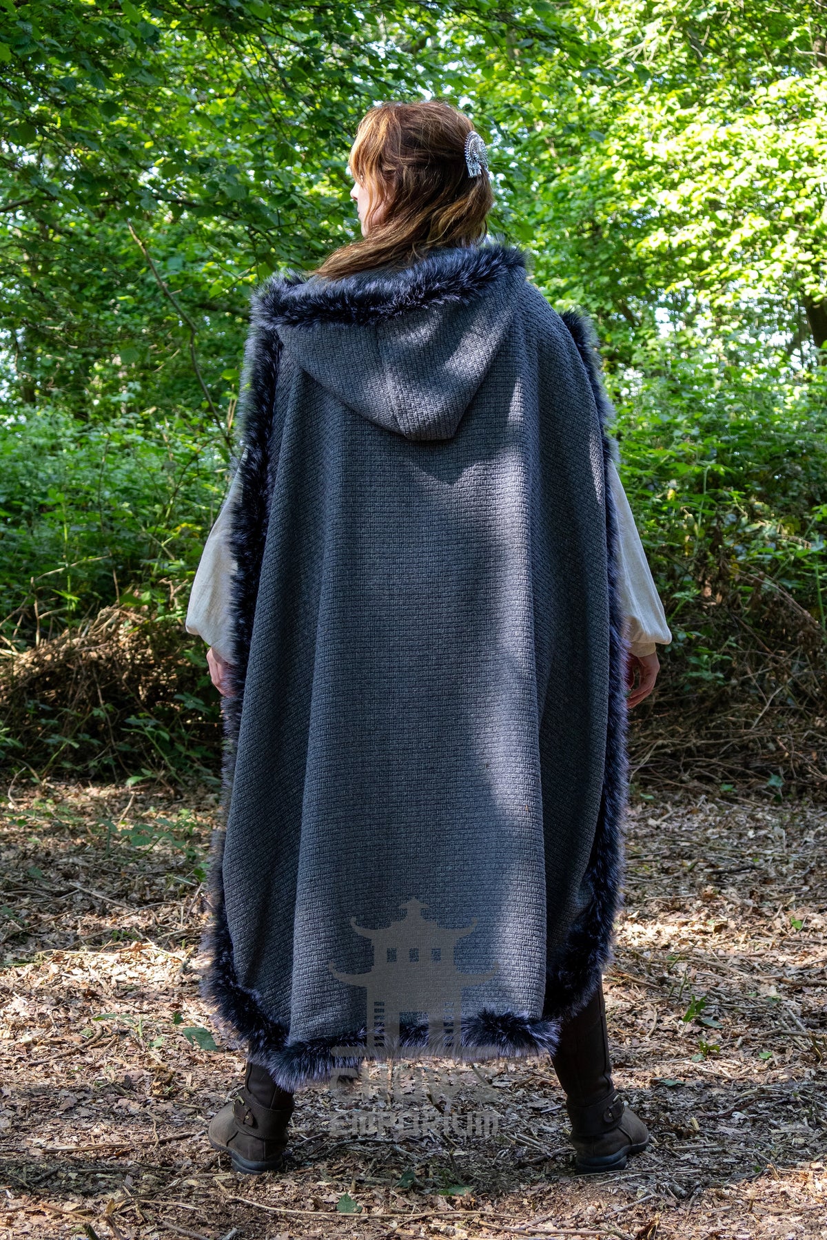 Grey Viking Fur-Trim Cape with Sash