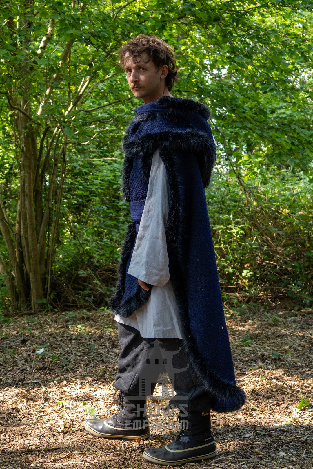 Blue and Black Viking Fur-Trim Cape with Sash