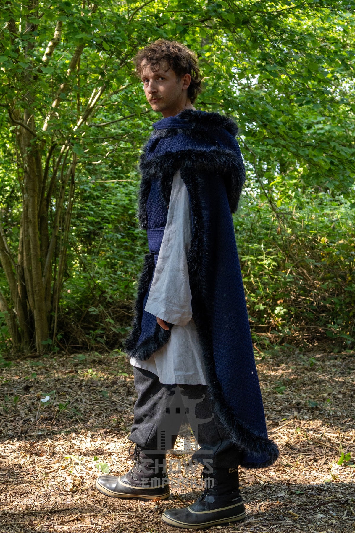Blue and Black Viking Fur-Trim Cape with Sash