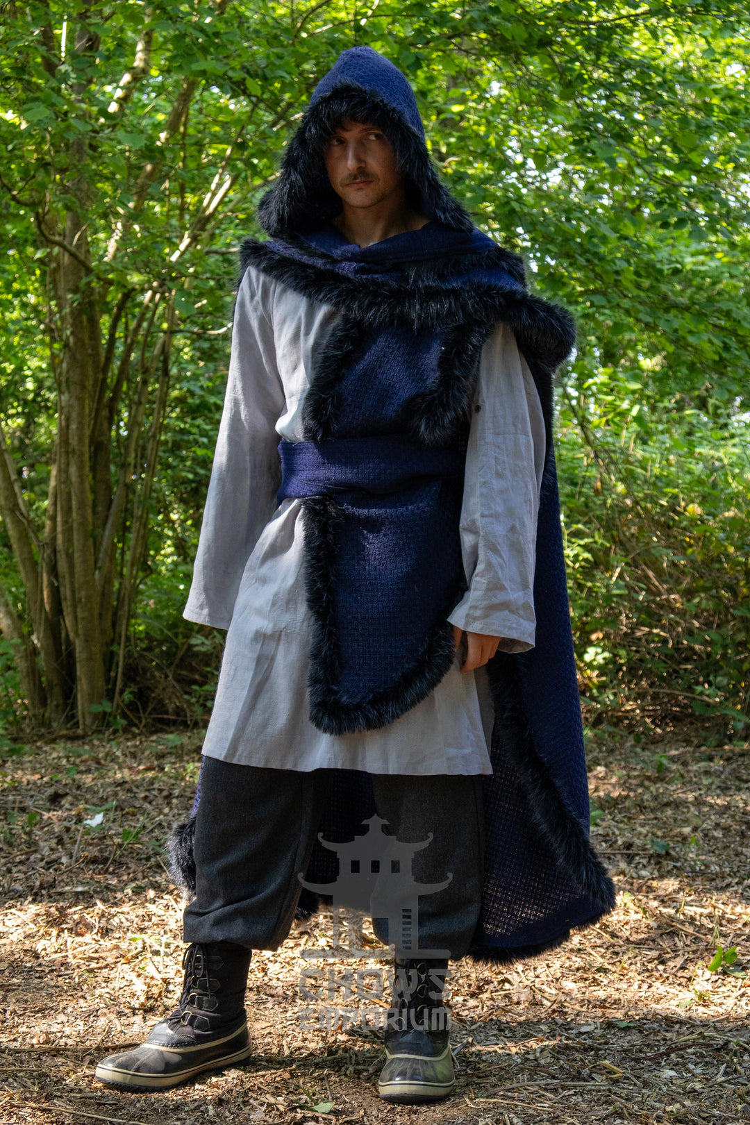 Blue and Black Viking Fur-Trim Cape with Sash