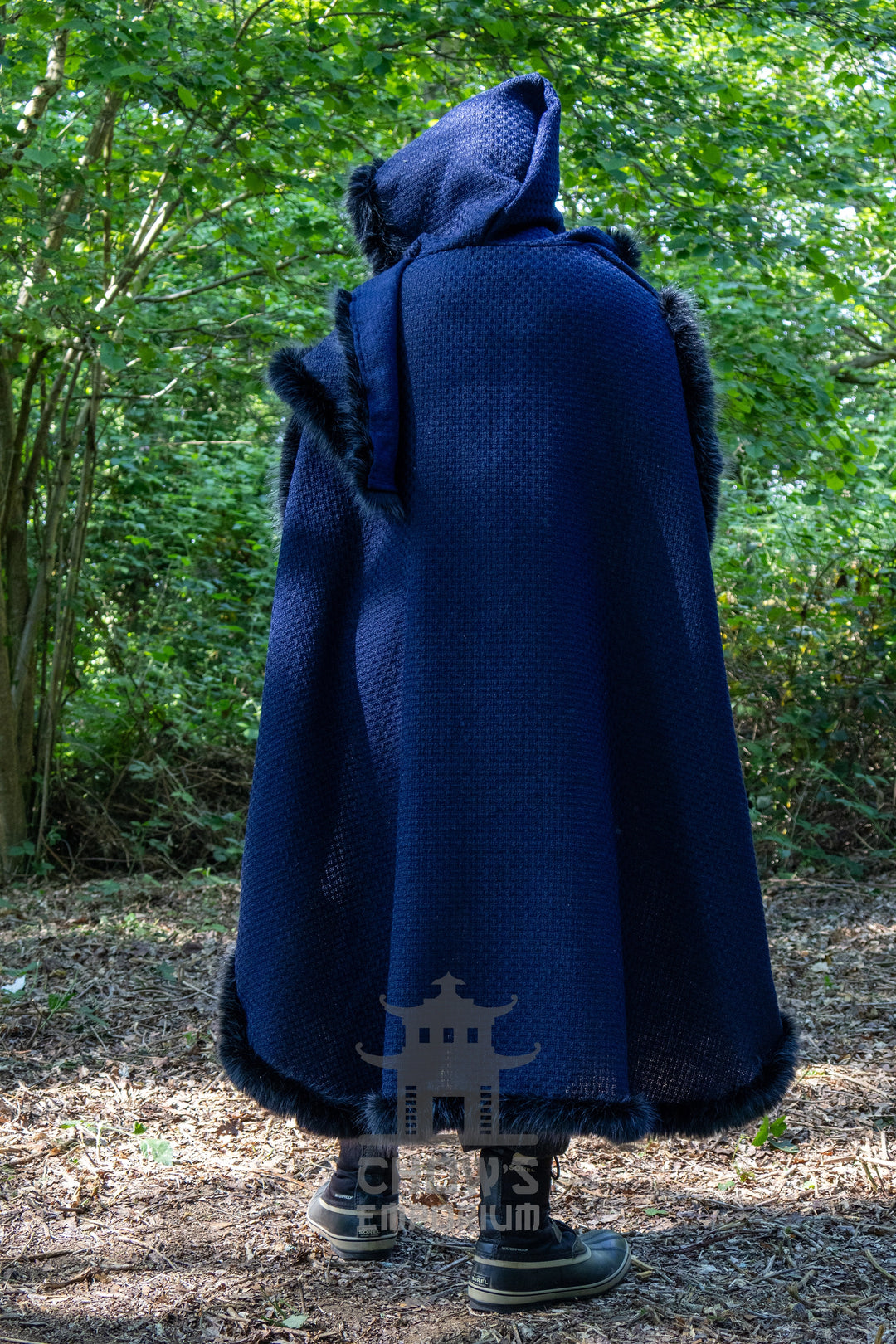 Blue and Black Viking Fur-Trim Cape with Sash