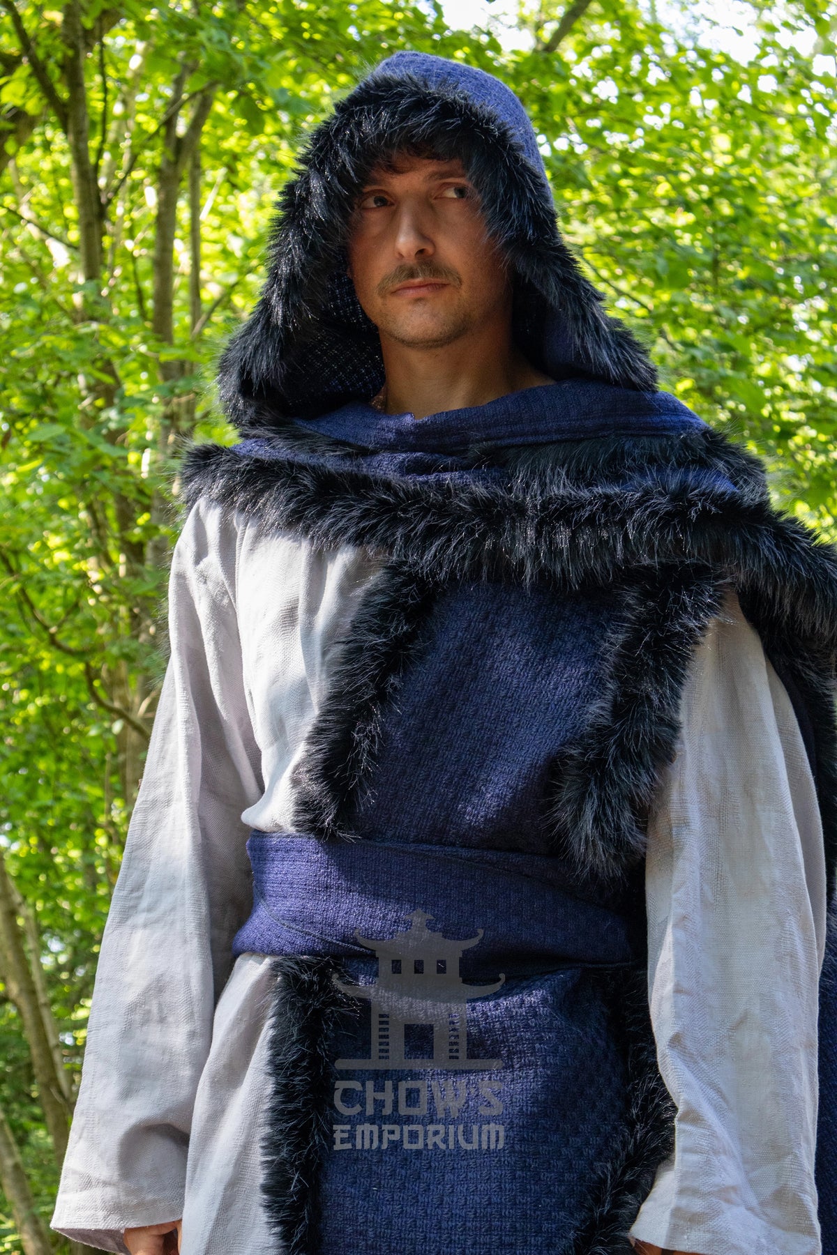 Blue and Black Viking Fur-Trim Cape with Sash