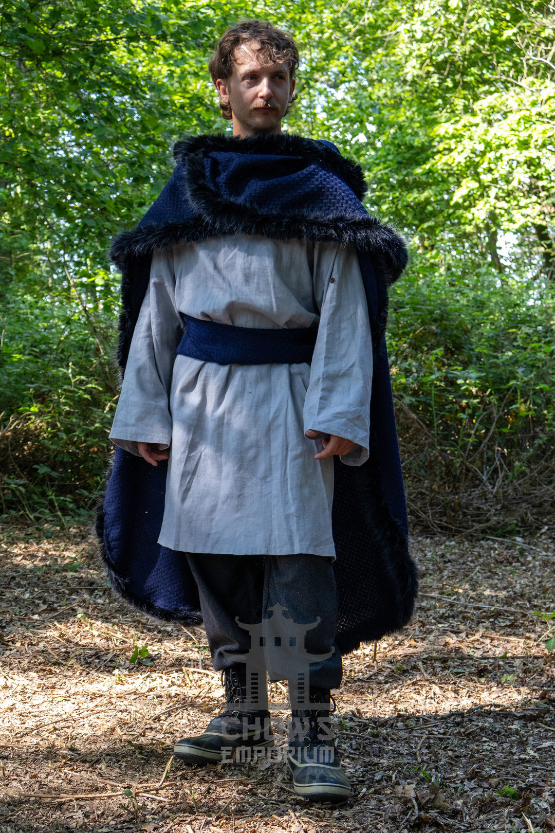 Blue and Black Viking Fur-Trim Cape with Sash