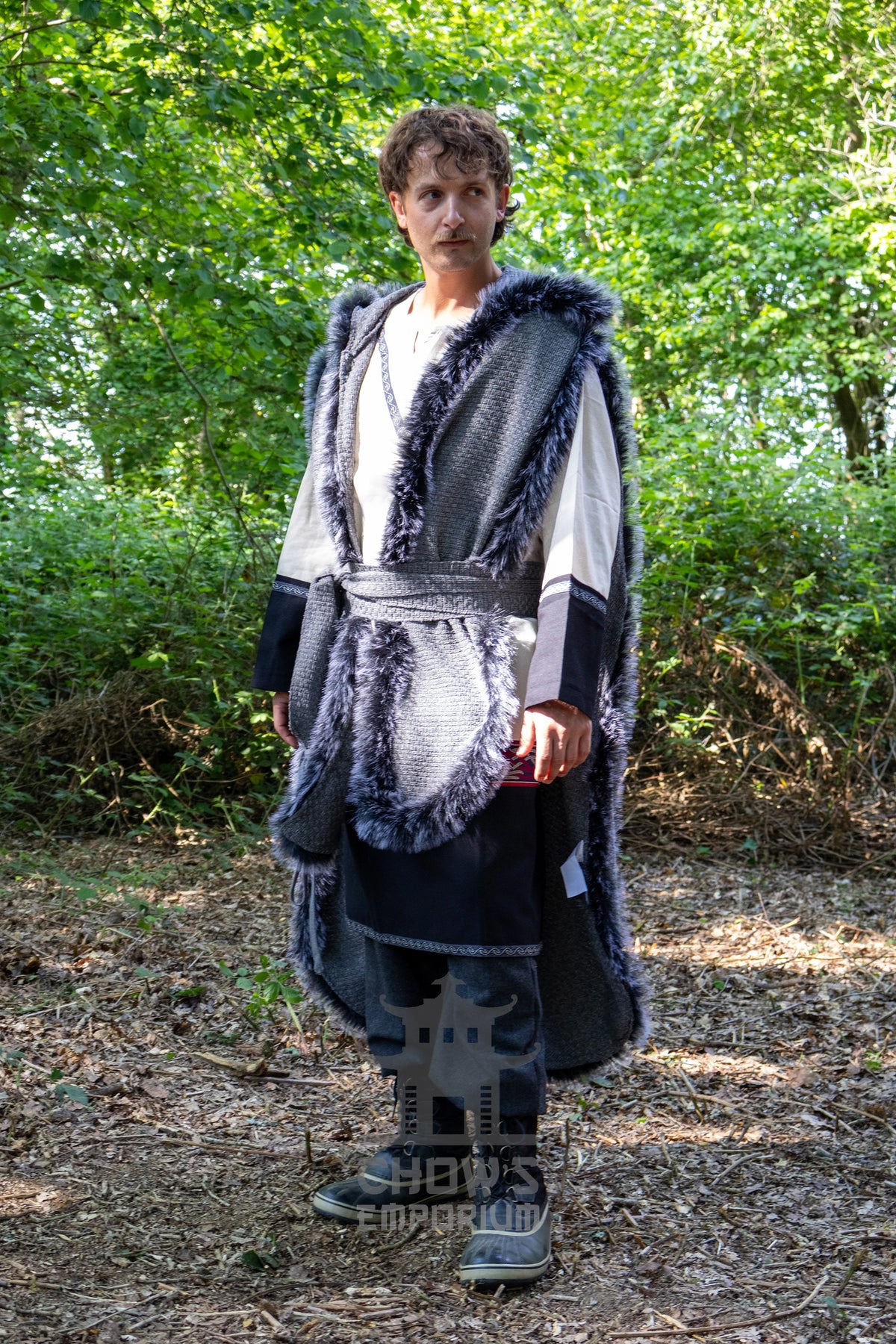 Grey Viking Fur-Trim Cape with Sash