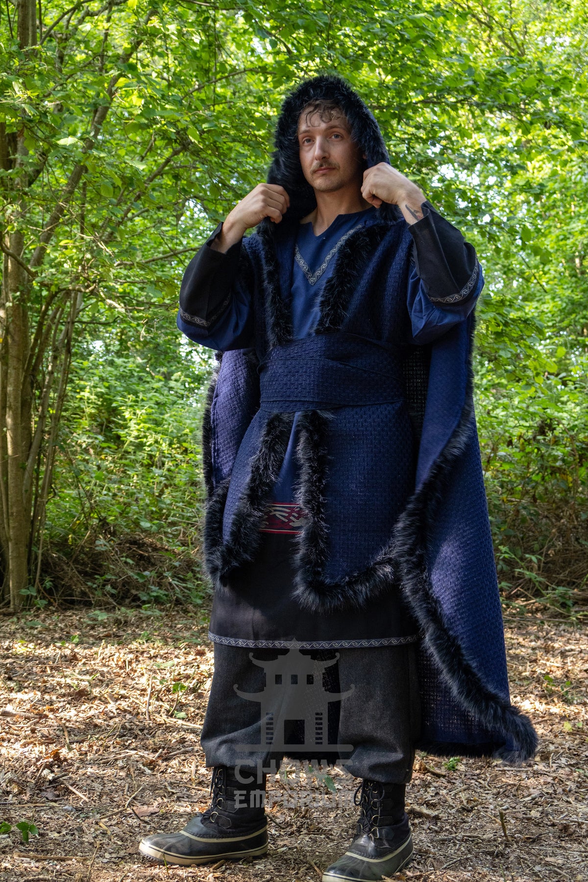 Blue and Black Viking Fur-Trim Cape with Sash