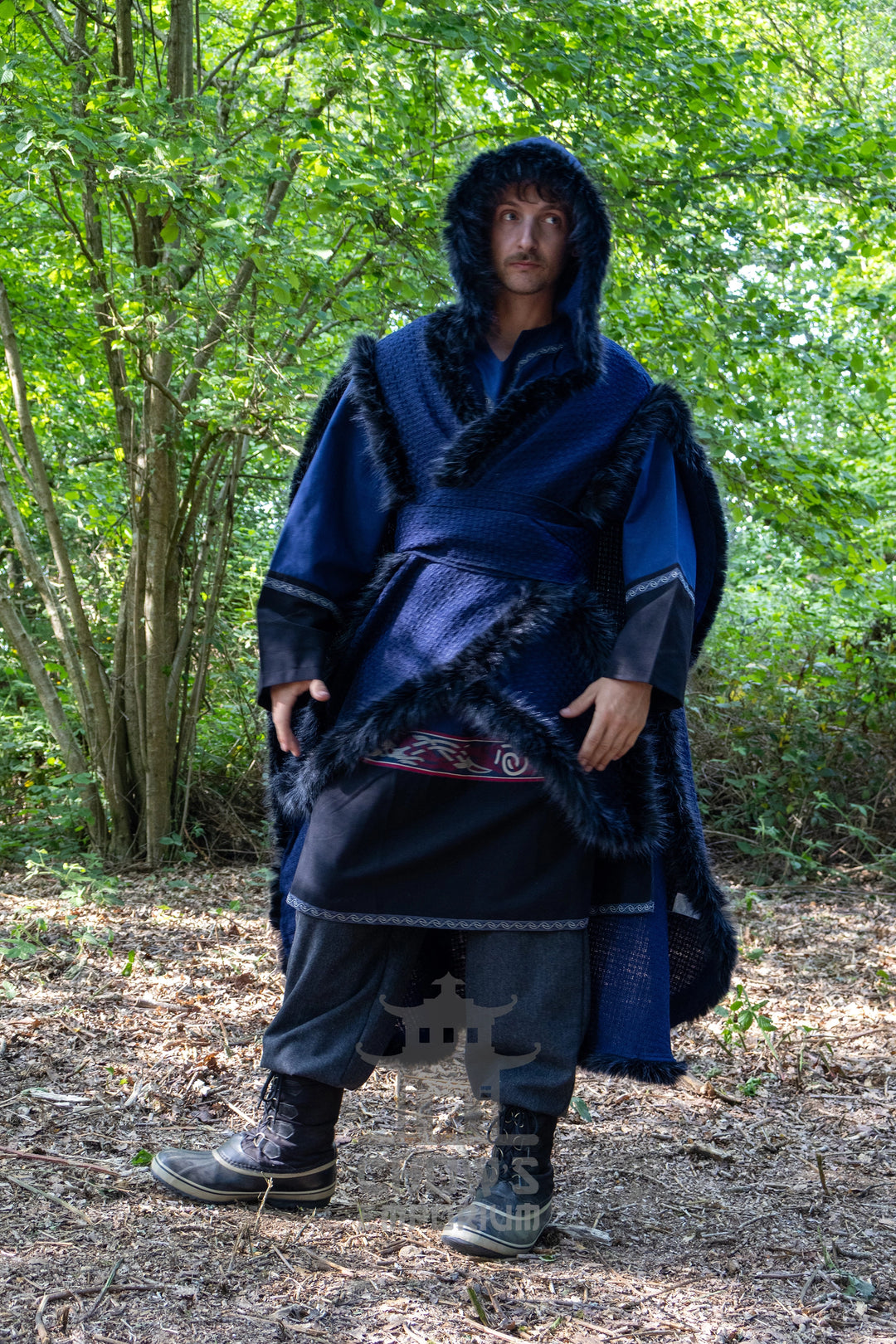 Blue and Black Viking Fur-Trim Cape with Sash