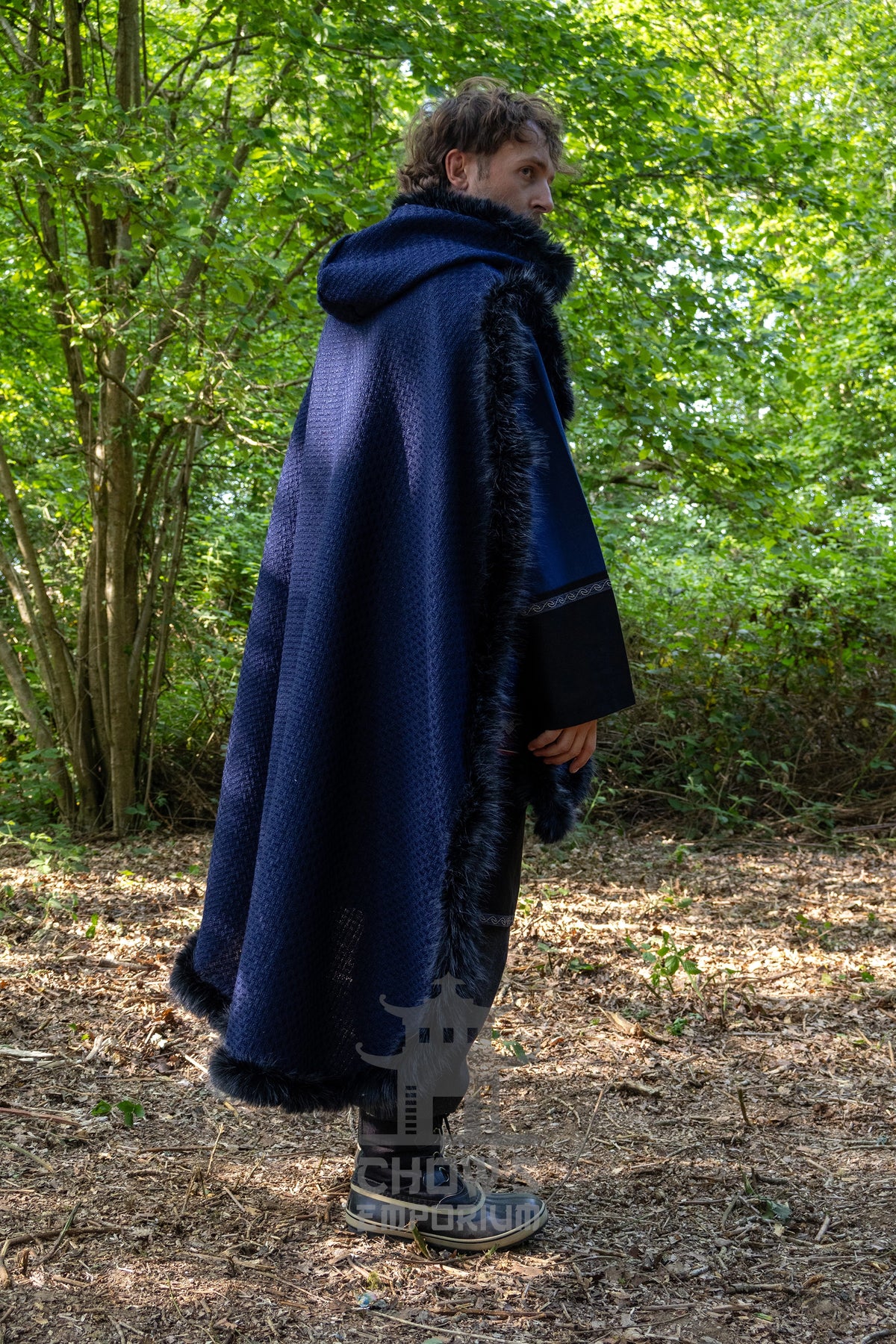 Blue and Black Viking Fur-Trim Cape with Sash