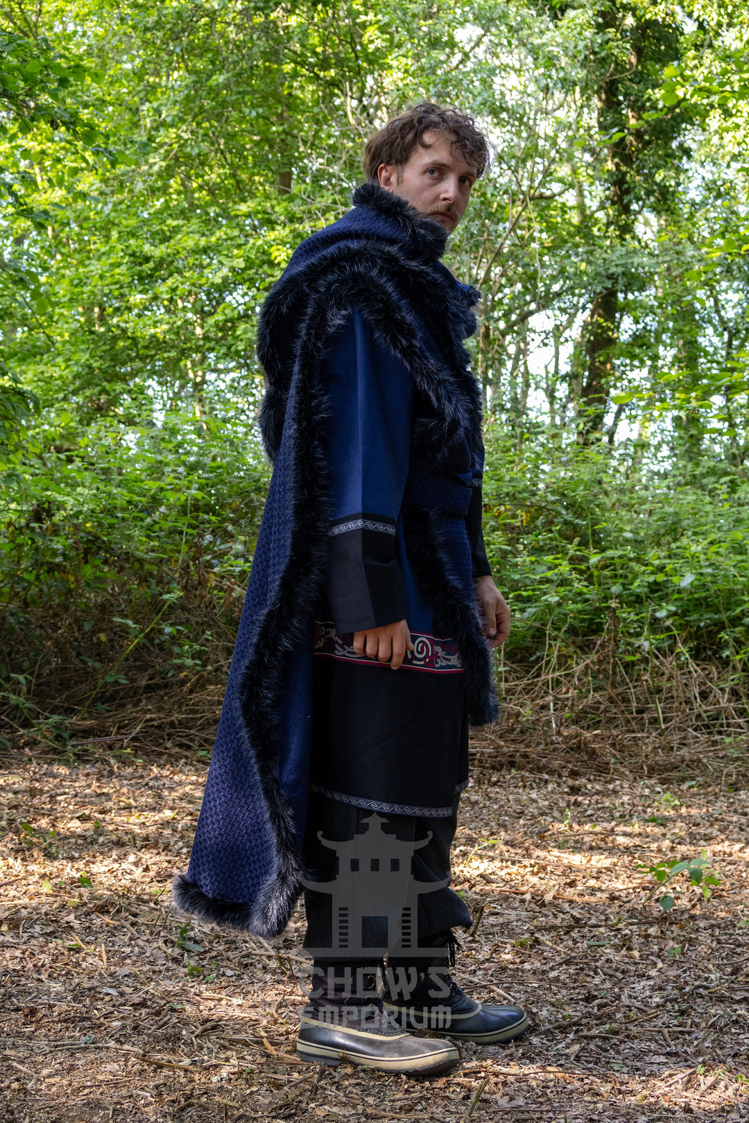 Blue and Black Viking Fur-Trim Cape with Sash