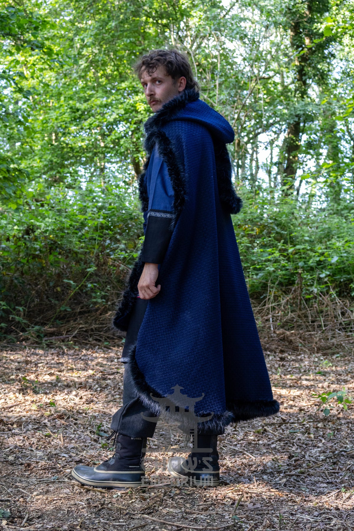 Blue and Black Viking Fur-Trim Cape with Sash