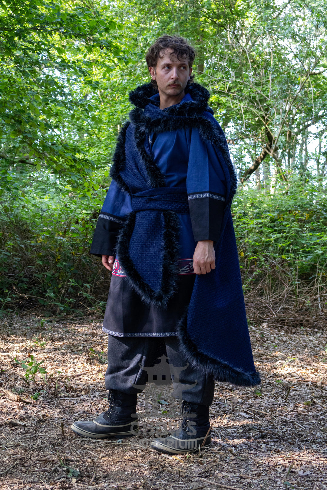 Blue and Black Viking Fur-Trim Cape with Sash