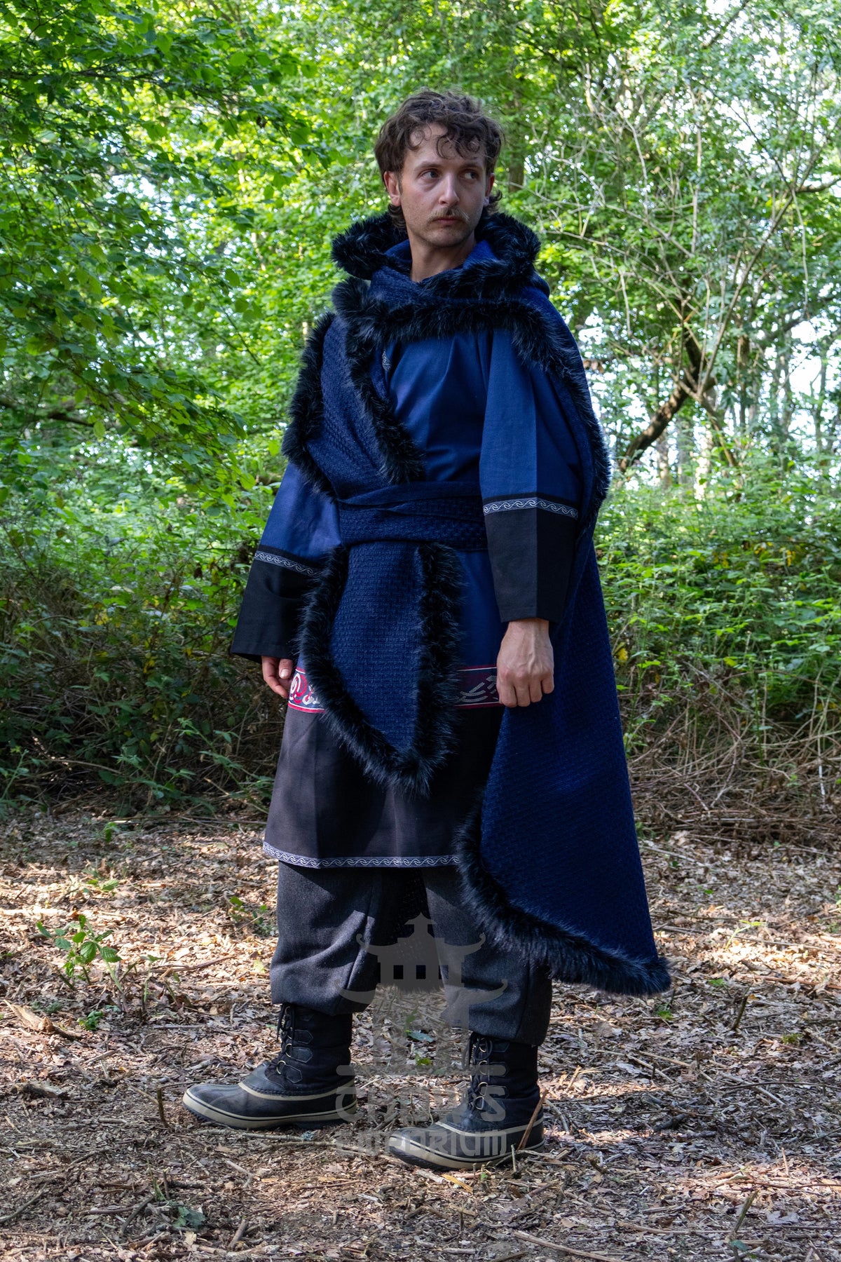 Blue and Black Viking Fur-Trim Cape with Sash