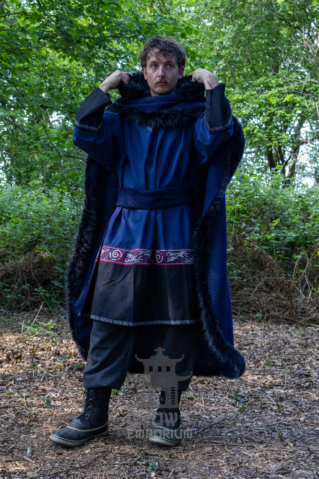 Blue and Black Viking Fur-Trim Cape with Sash