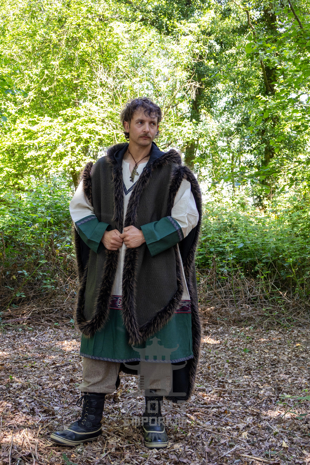 Green and Brown Viking Fur-Trim Cape with Sash