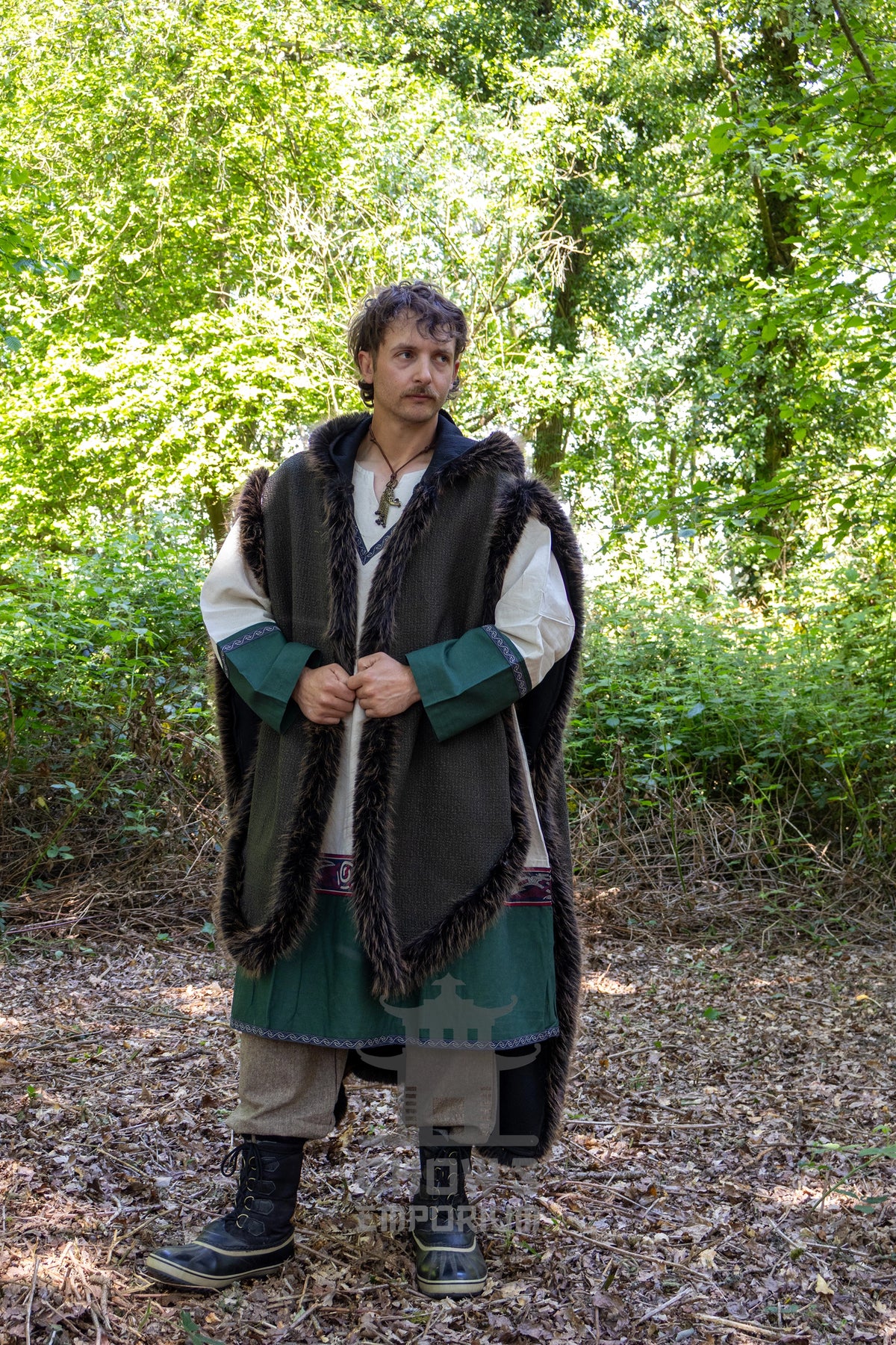 Green and Brown Viking Fur-Trim Cape with Sash