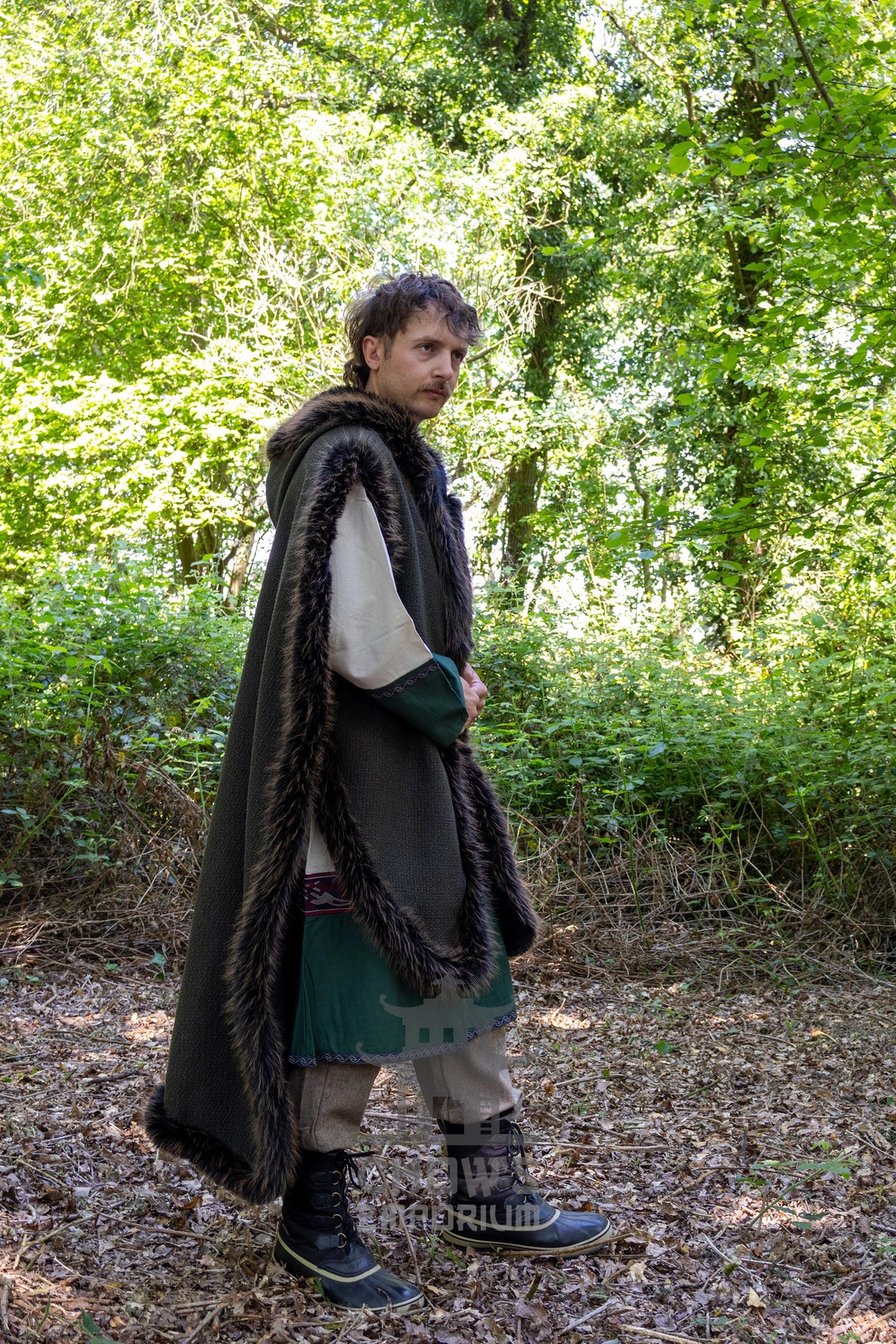 Green and Brown Viking Fur-Trim Cape with Sash