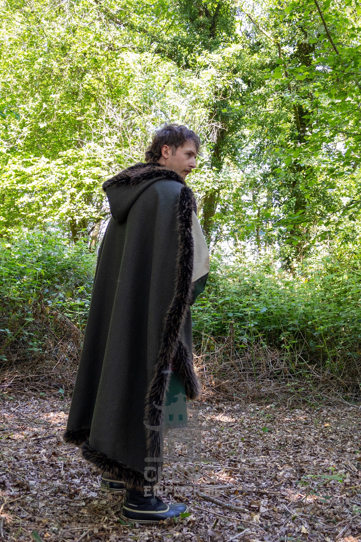 Green and Brown Viking Fur-Trim Cape with Sash