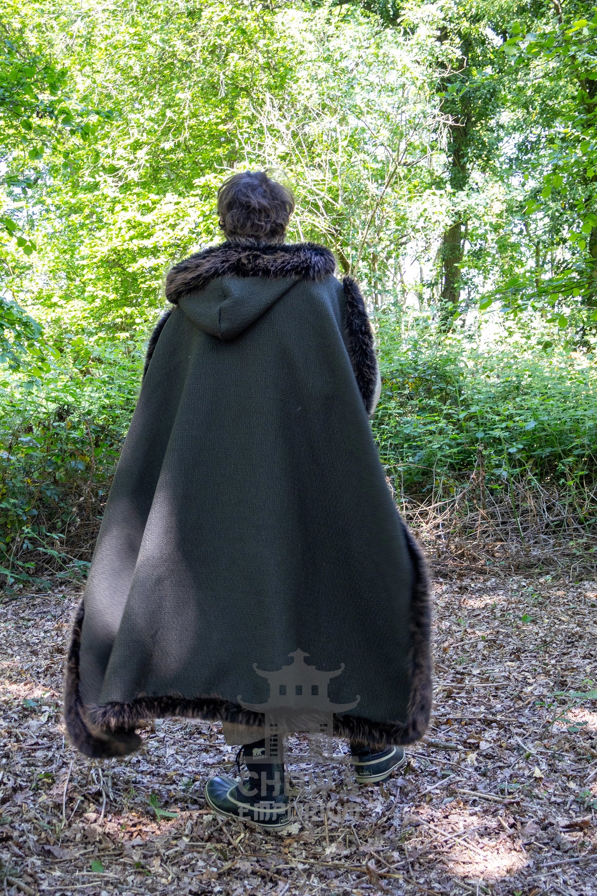 Green and Brown Viking Fur-Trim Cape with Sash
