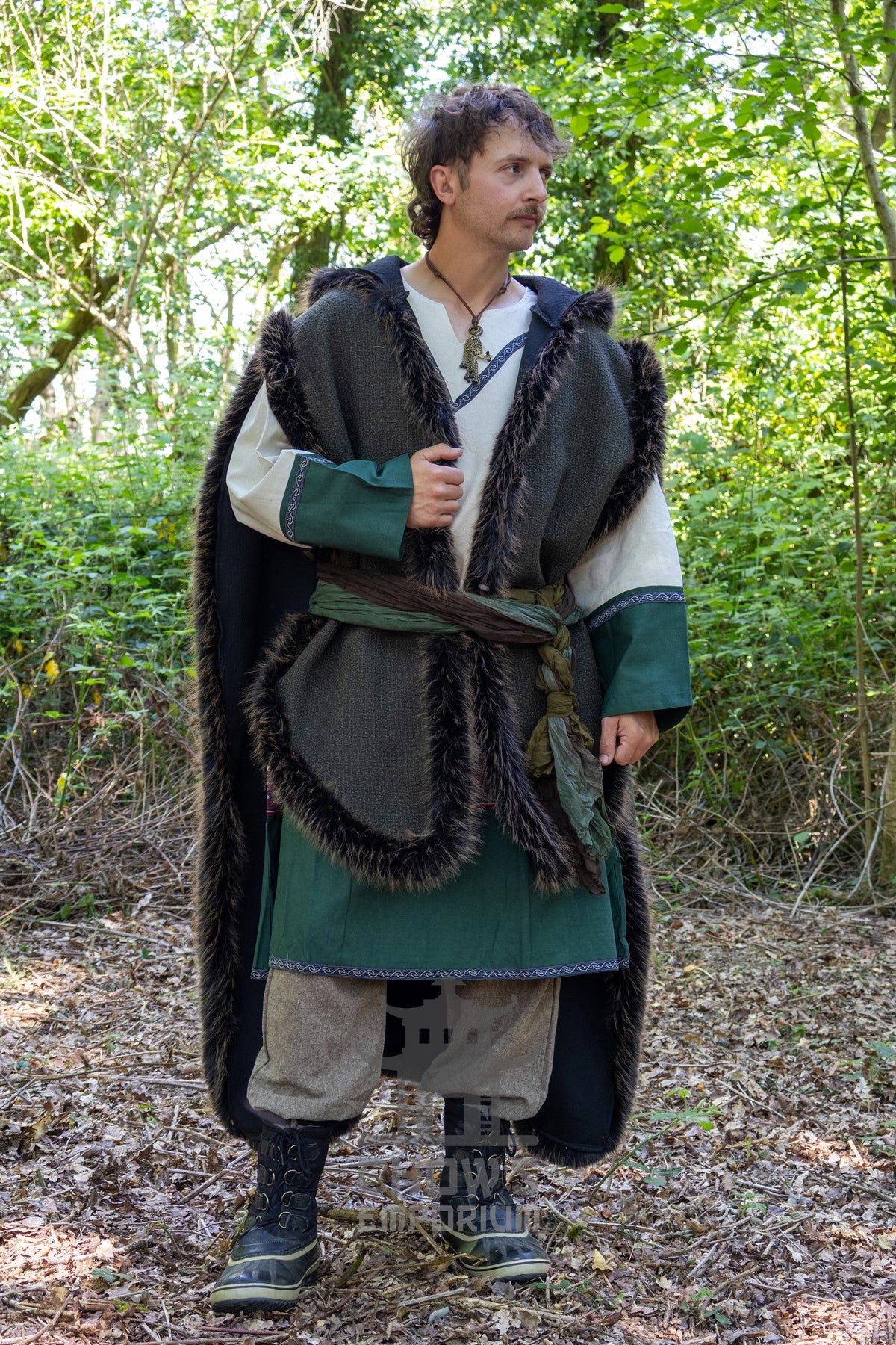 Green and Brown Viking Fur-Trim Cape with Sash