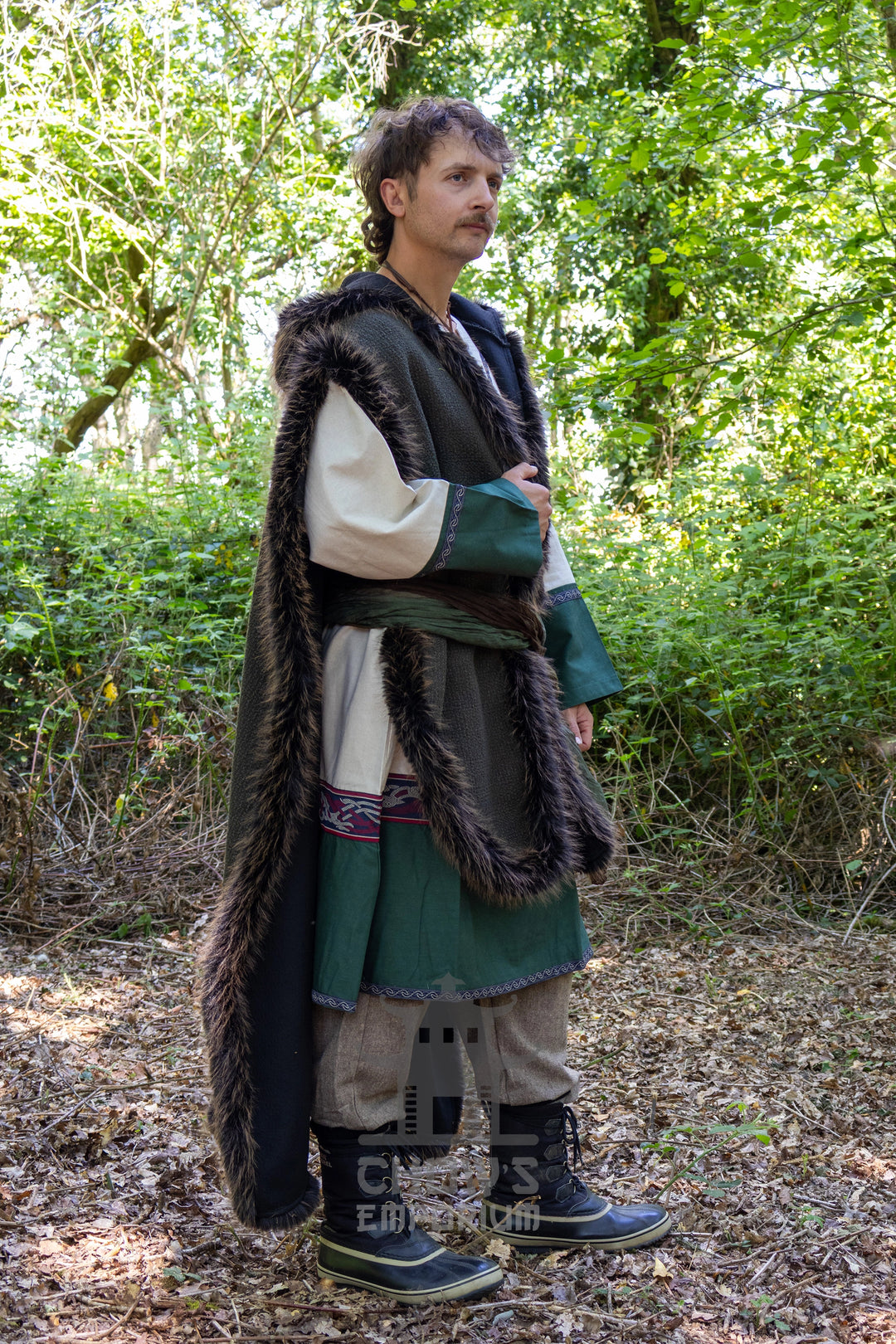 Green and Brown Viking Fur-Trim Cape with Sash