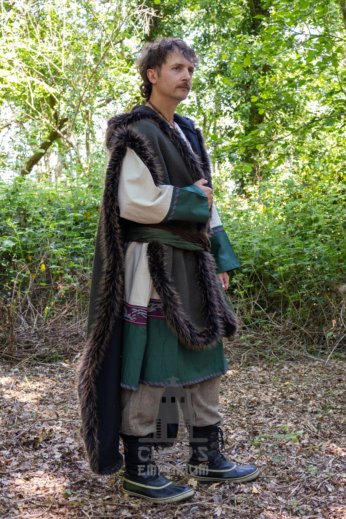 Green and Brown Viking Fur-Trim Cape with Sash